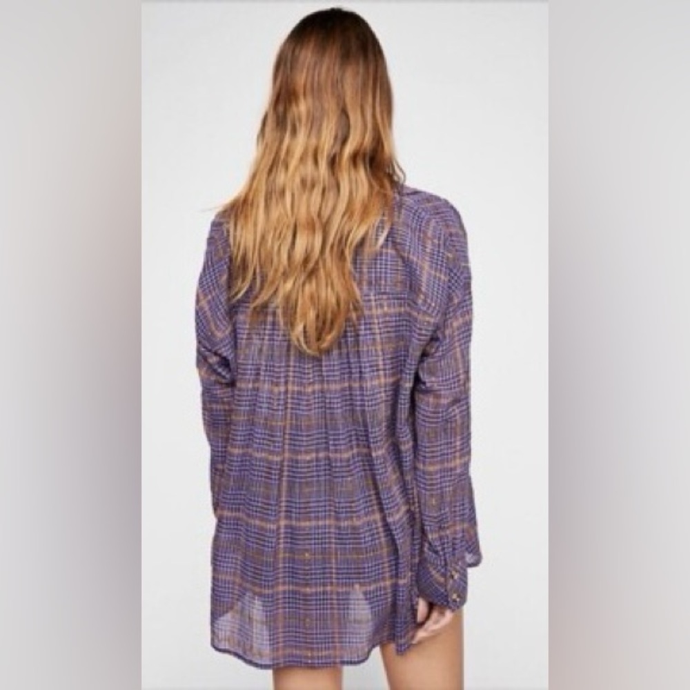 Free People Break My Stride Purple Metallic Plaid Oversized Button Up Shirt M - Picture 2 of 7